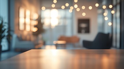 A modern office space captured in a blurred frame, with subtle bokeh lights creating depth and a soft, inviting ambiance that highlights the contemporary decor 
