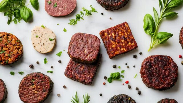 A vibrant mix of plant-based burger patties is featured with fresh herbs and spices