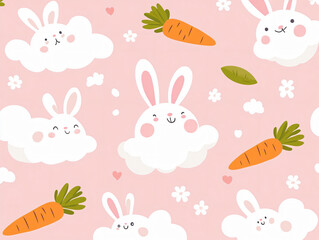 Cute Kawaii Bunny Rabbits Pattern Clouds Carrots Pastel Pink Cartoons Happiness Nature Spring Playful Animals Joyful Whimsical Fluffy Kids Seamless Decorative Art Floral Cheerful Background Design
