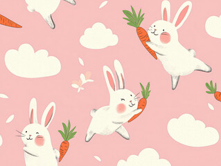 Playful Bunny Rabbit Pastel Pink Whimsical Clouds Carrot Pattern Cartoon Illustration Joyful Kids Friendly Cute Spring Easter Celebration Background Textile Lively Nature Graphic Design