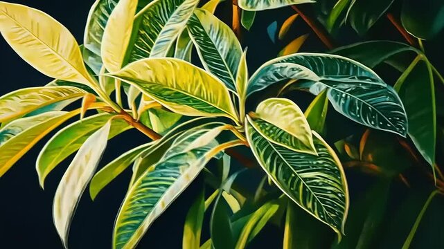 Botanical close-up of variegated ficus elastica plant with detailed leaf patterns