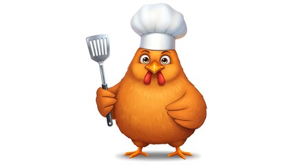 A cartoon chicken wearing a chef’s hat, holding a spatula, ready to cook, standing proudly against a white background