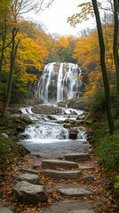Autumn waterfall cascading down rocky steps in a forest
