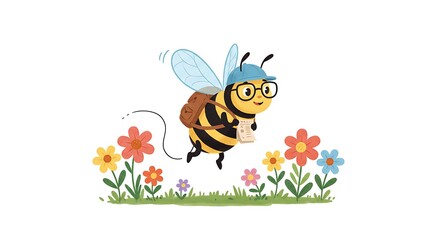 A cartoon bee wearing glasses and a tiny backpack, buzzing around flowers with a smile, ready to work, set against a white background