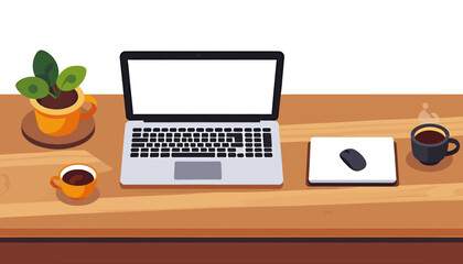 Work From Home Setup Illustration_Laptop_Mouse_Coffee and Plant on Desk_Productivity and Relaxation_Digital Workspace for Remote Work and Online Meetings