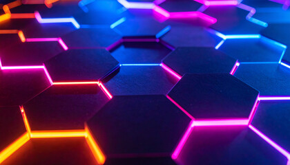 Vibrant blue and bright hexagons form a futuristic abstract pattern with a digital glow
