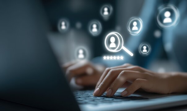 Laptop und Benutzer mit Icons f&uuml;r Personalsuche