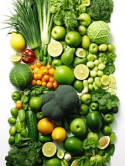Vibrant Assortment of Fresh Green Fruits and Vegetables on White Background