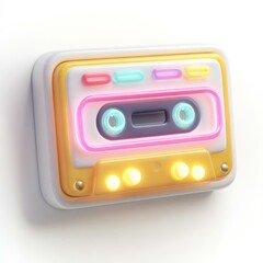 Fototapeta premium A vibrant 3D tape cassette icon featuring holographic neon colors, perfect for retrothemed designs and projects.