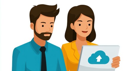 Fototapeta premium Business pros efficiently manage files and software installations using secure cloud storage for backup and data protection.