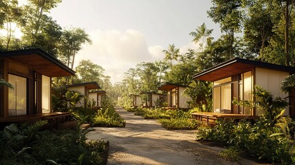 A row of affordable, energy-efficient homes surrounded by green spaces, representing dignity and stability in combating poverty through accessible housing solutions 