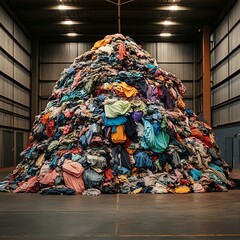 A massive pile of used clothes in an industrial warehouse, symbolising fast fashion waste and the importance of recycling textiles for sustainability .