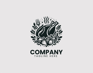 Vector logo illustration of roast chicken on a white plate with vegetables. Flat cartoon food design for culinary branding and restaurant marketing.