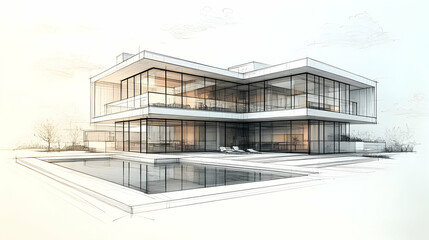 Modern architectural sketch of a house with a pool