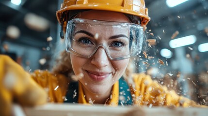 Captivating image of a woman in a yellow hard hat and goggles, focused on her woodworking project, surrounded by flying wooden shavings in a workshop environment.