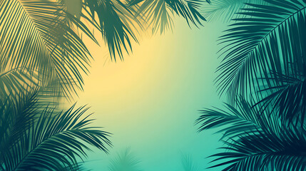 Fototapeta premium A green background with palm trees and a yellow sun