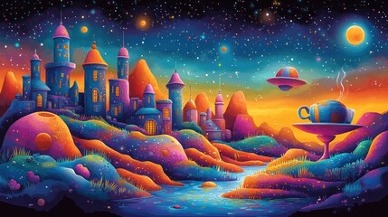Colorful fantasy castle landscape with teapot, stars, and planets.