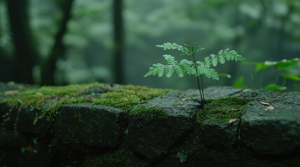 Young fern sprout on mossy stone wall
