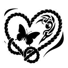 Heart-shaped rope design with butterfly and tribal elements. Black and white vector illustration.