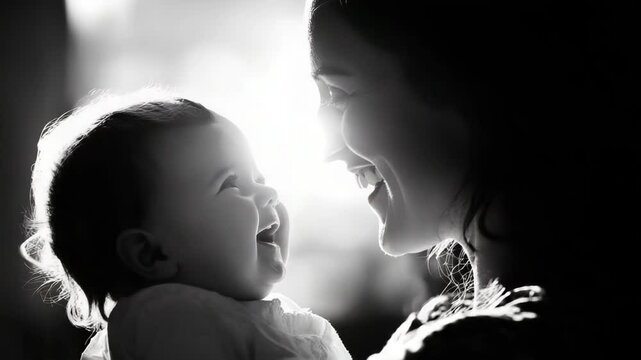 Mother baby love happy family motherhood parenting newborn child care black and white portrait smiling