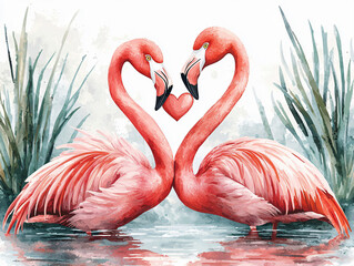 Flamingo Watercolor Art: Romantic Pink Birds Symmetrical Heart Affection in Tropical Wetland Environment with Vibrant Vegetation Reflecting Colors at Sunset - Explore Graceful Beauty and Serenity