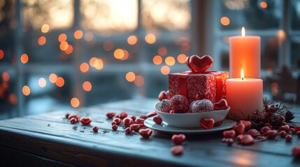 Romantic Valentine's Day scene with candles, gifts, and hearts on a wooden table by a window.