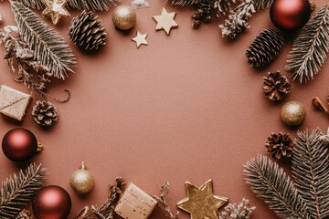 Festive frame of Christmas ornaments and decorations on a blush-toned background.  Spruce branches, pinecones, gold and burgundy ornaments, and small gift boxes create a festive border