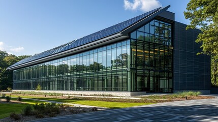 Naklejka premium A spacious R&D commercial facility with a sleek glass facade, rooftop solar panels, and open, light-filled interiors visible from the outside, showcasing sustainability and modern design 