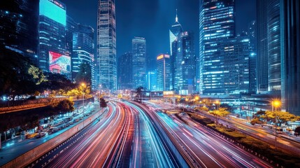 Fototapeta premium Metropolitan Momentum: Time-Lapse View of a Vibrant Urban Nightscape