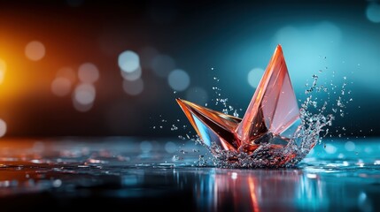 A stunning image of a crystal-like paper boat splashing into water captures the beauty of motion, elegance, and the art of creation, evoking a sense of wonder and creativity.