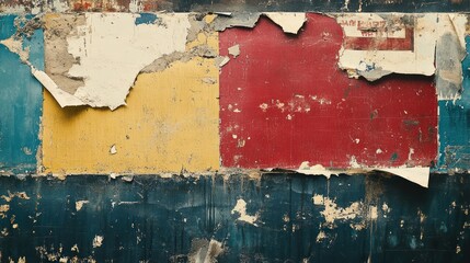 Decayed urban billboard with vibrant colors and weathered textures creating a street art aesthetic