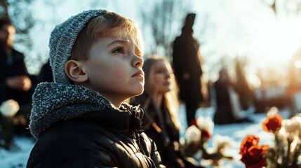 An emotive scene depicting a child in thoughtful contemplation during a candlelight vigil, reflecting the themes of loss, remembrance, and shared humanity in a poignant atmosphere.