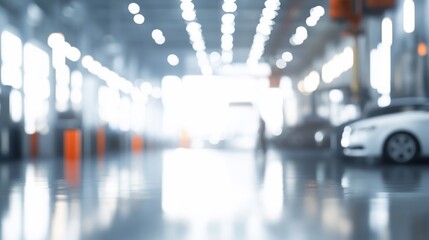 Blurry interior view of a large auto repair shop