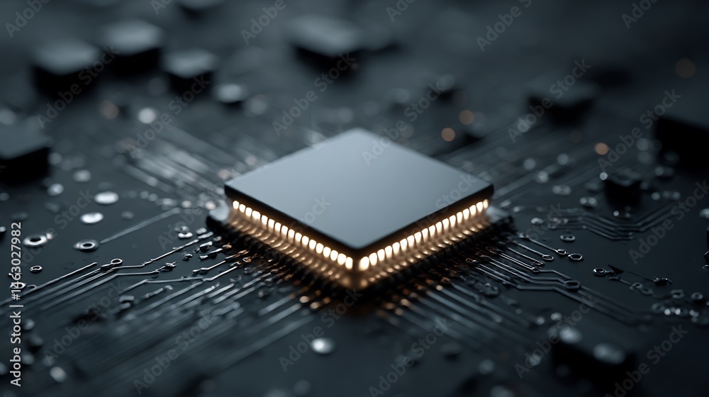 Poster intricate close-up capturing the sophisticated architecture of a microchip system