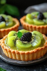 Kiwi jam in mini tartlets side angle tropical pastry plate soft pastel light joy visual