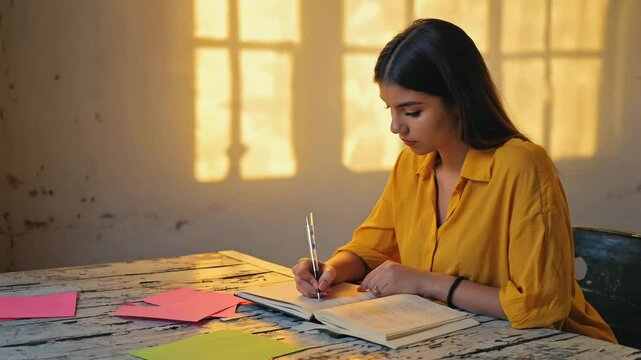 A young woman deeply engrossed in writing, illuminated by the warm glow of sunlight through a window, accompanied by stationary 