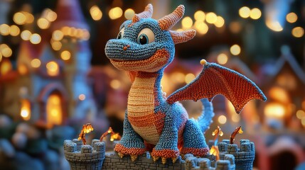 Obraz premium Knitted dragon on castle set side angle playful fantasy theme indoor light detailed craft