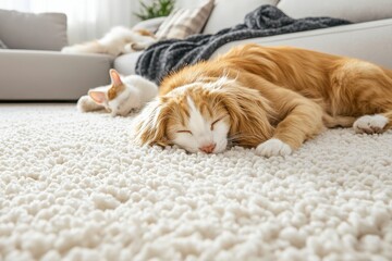 Fluffy pets resting on a soft carpet in a cozy living room. Two dogs and a cat are lounging on a white shag rug