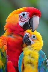 Fototapeta premium Macaw with chick closeup vibrant colors forest perch tropical brightness shared color
