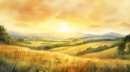 Obraz premium A painting of a field with a sun in the sky