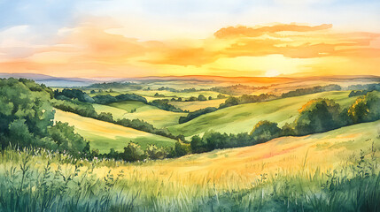 A painting of a field with a sunset in the background