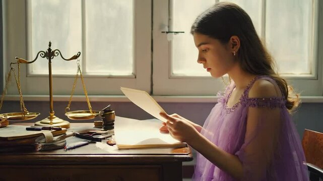 Young girl sitting at a desk with a vintage scale and a letter, reading thoughtfully. The desk is surrounded by antique books and writing implements, evoking a sense of history and contemplation.