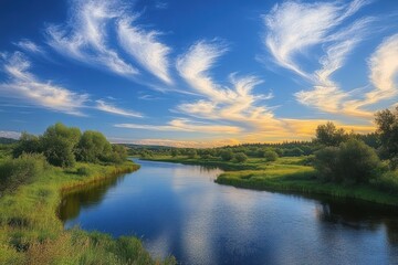 Calm river winding through green landscape with trees and vibrant blue sky filled with wispy white clouds during sunset