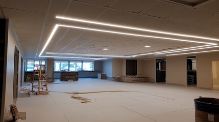 A suspended ceiling installation in a bright office space, with tiles being aligned into the grid system under bright fluorescent lighting, showcasing clean and organized design 