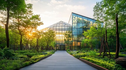 Fototapeta premium A sustainable corporate hub with clean, geometric glass architecture, surrounded by landscaped greenery and trees, promoting heat reduction and a carbon-neutral footprint 