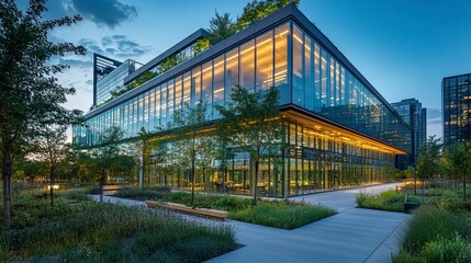 Fototapeta premium A sustainable office building with clean glass walls, tree-lined pathways, and rooftop vegetation, blending modern design with carbon-reducing eco-technology in an urban setting 