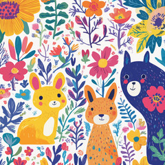 Naklejka premium Children's watercolor drawing of animals in a playful mood on a floral background