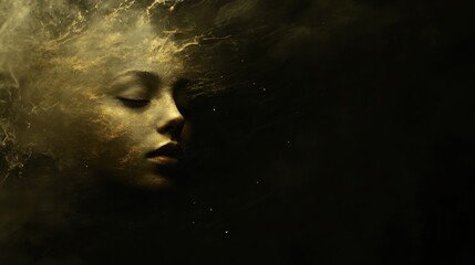 Golden ethereal woman's face, surrounded by swirling golden mist.  Dreamlike, serene, and mysterious