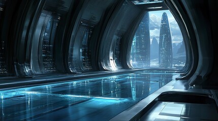 A towering futuristic building with reflective glass and dark steel elements, its bold design complemented by the cool tones of a blue cement floor, creating a high-tech vibe 