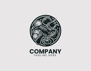 Vector logo of cooked lobster served on a plate with dipping sauce and lime. Flat cartoon food illustration for gourmet seafood branding and restaurant menu design.